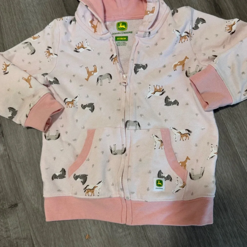 John Deere Girls Pink Horse Farm Print Zip Up Hoodie Sweatshirt Size 3T